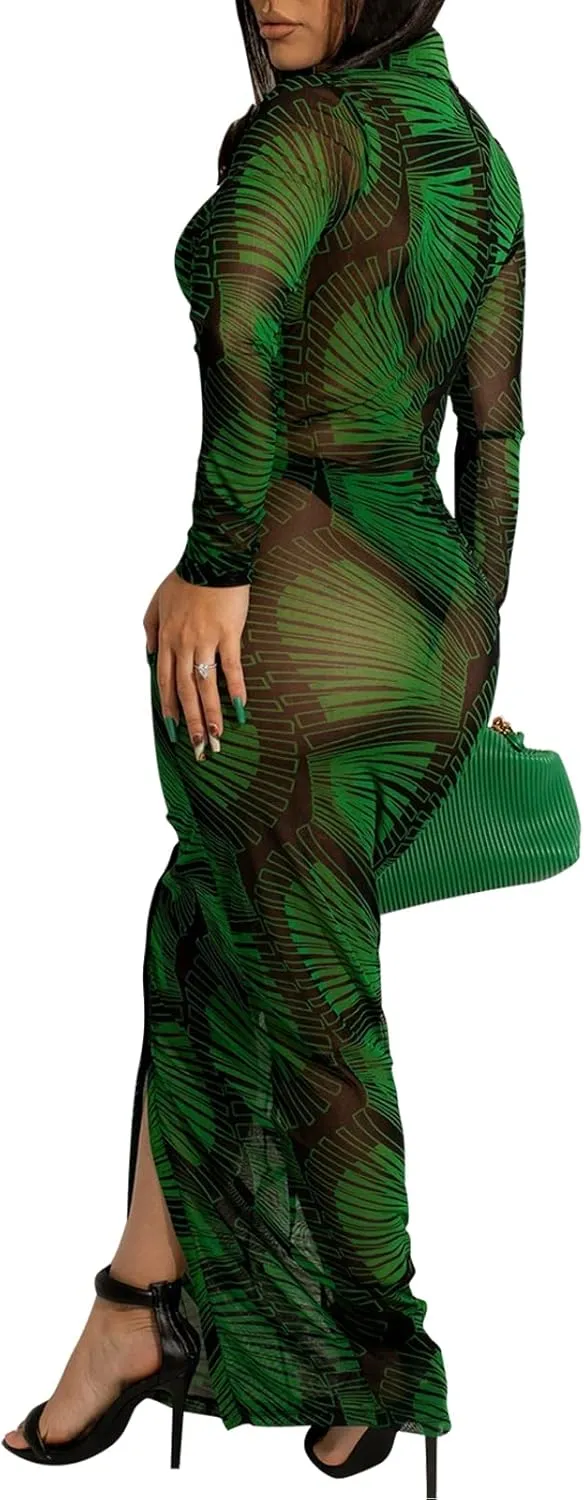 Women's Sheer Mesh Long Sleeve Bodycon Midi Dress Club Night Out Dresses Beach Cover Up Dress