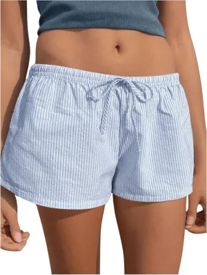 Women's Striped Print Drawstring Elastic Waist Shorts Casual Wide Leg Low Rise Summer Boxer Shorts