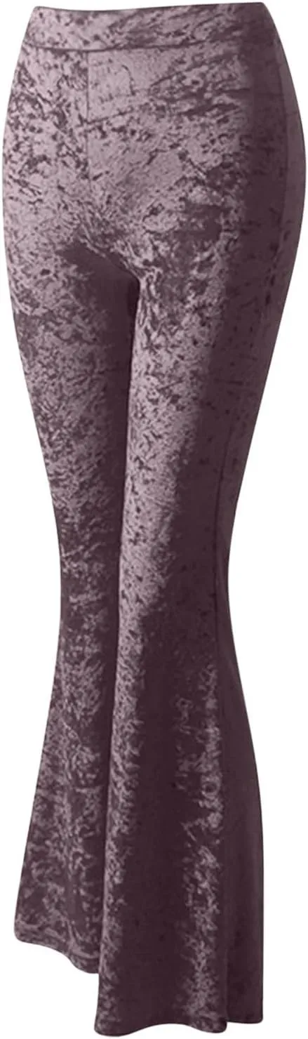 Xiaojmake Women's Elegant Velvet Flare Leg Palazzo Long Pants Elastic Waist Silky Stretchy Slim Bodycon Bell Bottom Trousers