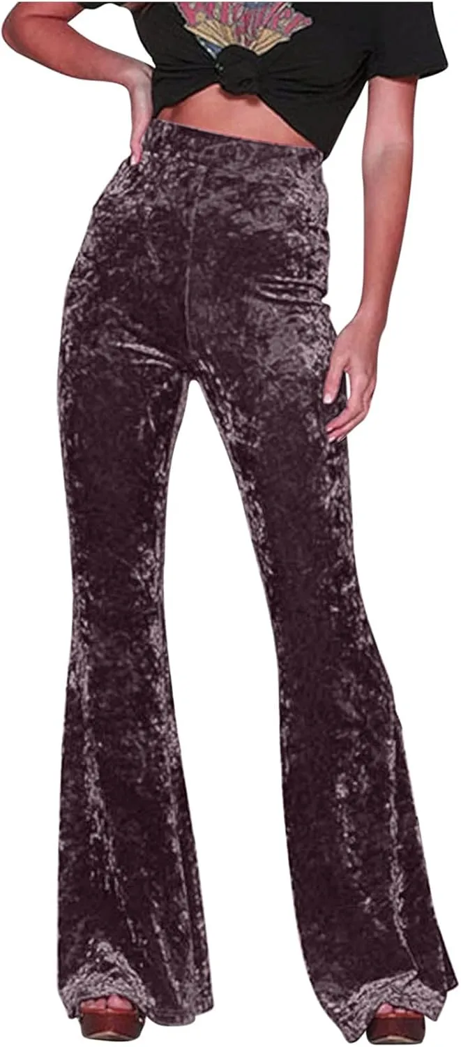 Xiaojmake Women's Elegant Velvet Flare Leg Palazzo Long Pants Elastic Waist Silky Stretchy Slim Bodycon Bell Bottom Trousers