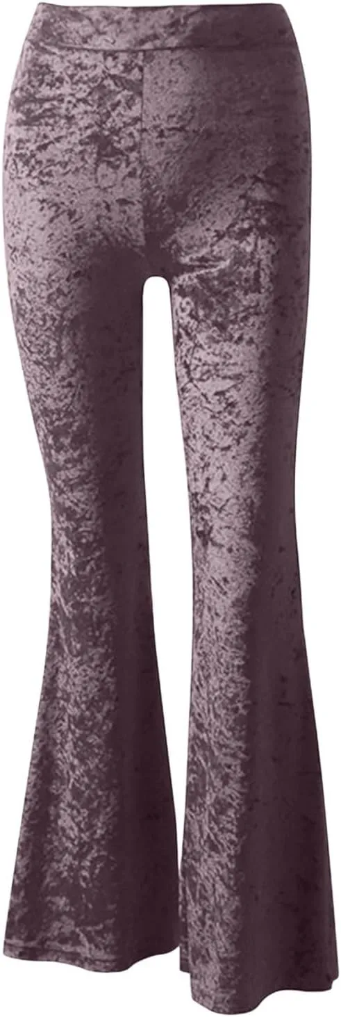 Xiaojmake Women's Elegant Velvet Flare Leg Palazzo Long Pants Elastic Waist Silky Stretchy Slim Bodycon Bell Bottom Trousers