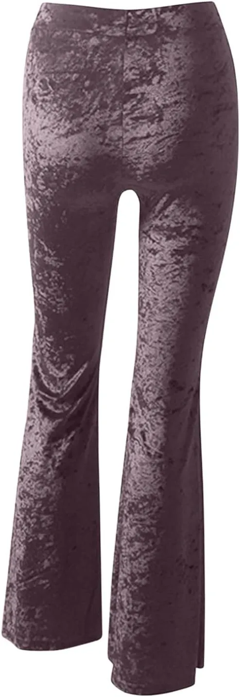 Xiaojmake Women's Elegant Velvet Flare Leg Palazzo Long Pants Elastic Waist Silky Stretchy Slim Bodycon Bell Bottom Trousers