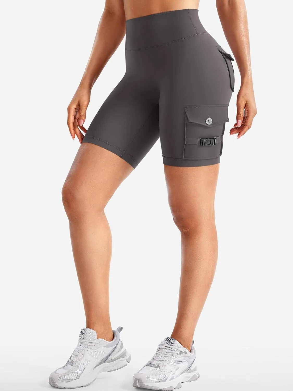 YEOREO CoreFlex Women Workout Biker Shorts with Cargo Pockets Hidden Scrunch High Waisted 8" Inseam Gym Shorts