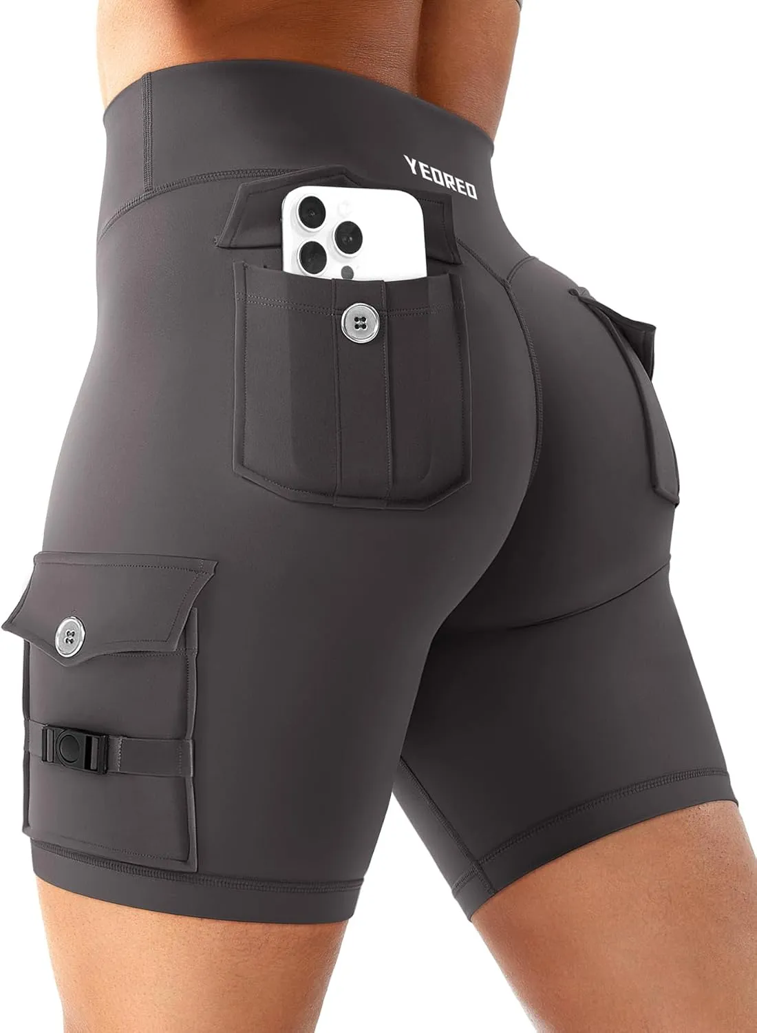 YEOREO CoreFlex Women Workout Biker Shorts with Cargo Pockets Hidden Scrunch High Waisted 8" Inseam Gym Shorts