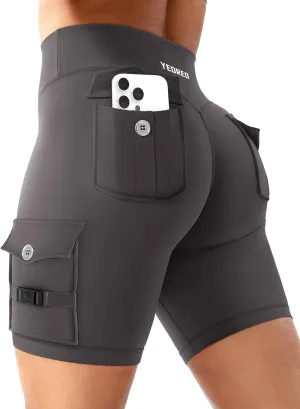 YEOREO CoreFlex Women Workout Biker Shorts with Cargo Pockets Hidden Scrunch High Waisted 8" Inseam Gym Shorts