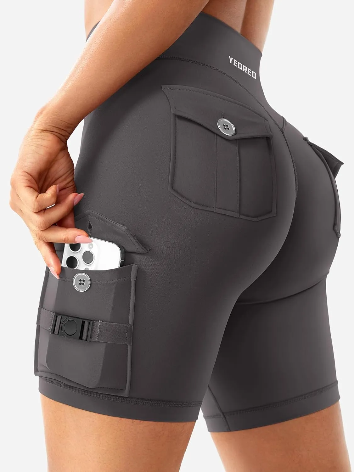 YEOREO CoreFlex Women Workout Biker Shorts with Cargo Pockets Hidden Scrunch High Waisted 8" Inseam Gym Shorts