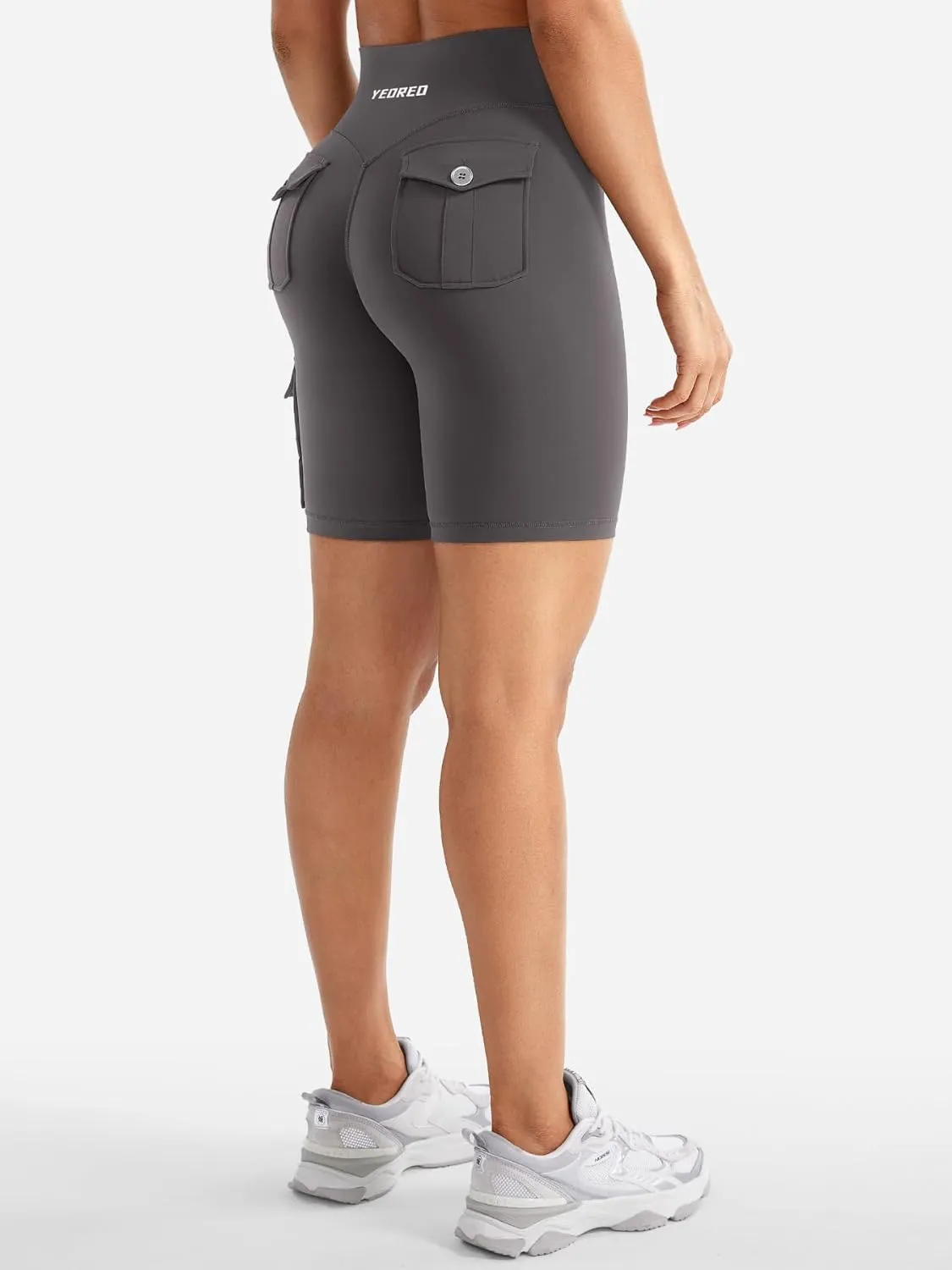 YEOREO CoreFlex Women Workout Biker Shorts with Cargo Pockets Hidden Scrunch High Waisted 8" Inseam Gym Shorts