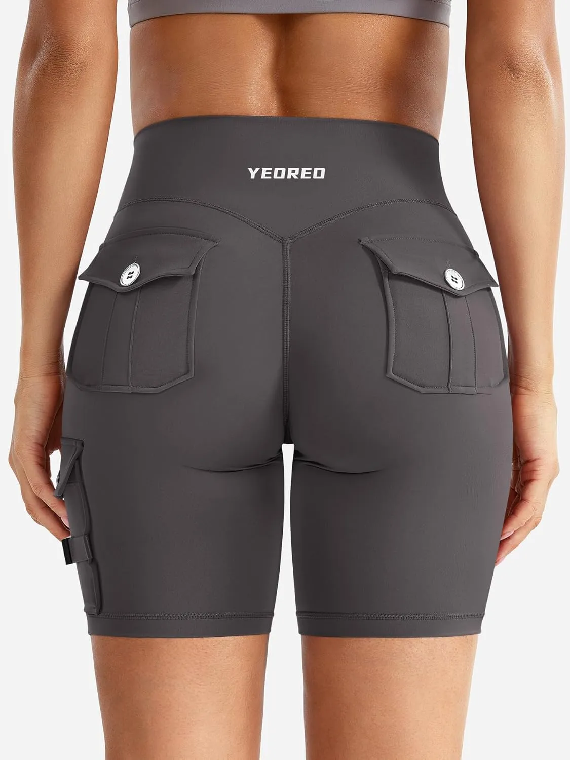 YEOREO CoreFlex Women Workout Biker Shorts with Cargo Pockets Hidden Scrunch High Waisted 8" Inseam Gym Shorts