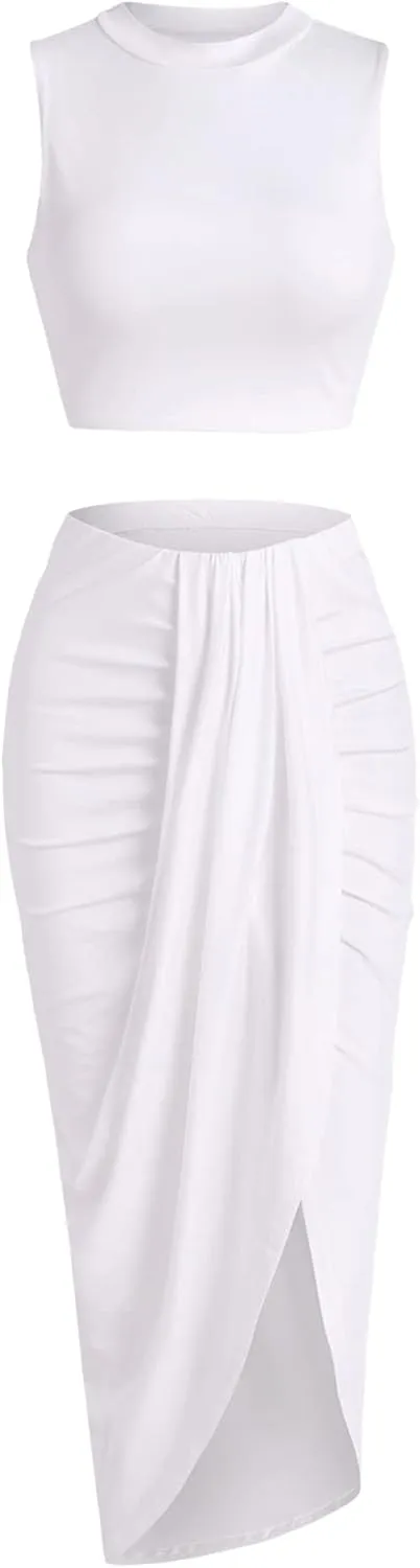 ZAFUL Women's Casual Sleeveless Summer Two Piece Outfits Crop Top and Side Split Draped Ruched Maxi Skirt Set Solid Suiting
