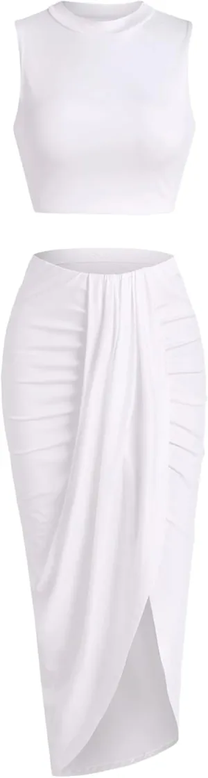 ZAFUL Women's Casual Sleeveless Summer Two Piece Outfits Crop Top and Side Split Draped Ruched Maxi Skirt Set Solid Suiting